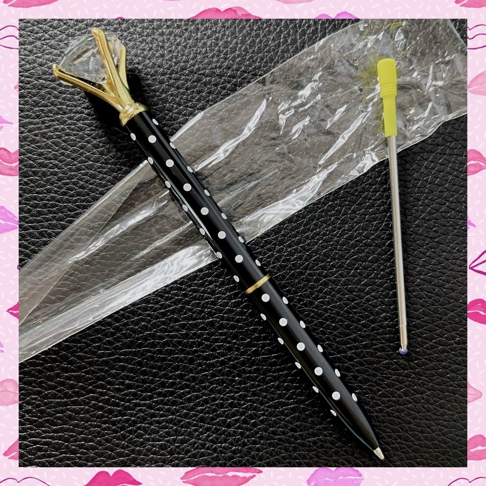 Diamond Top Polka Dot Metal Ballpoint Pen Black Ink Refill PinkRainCloud